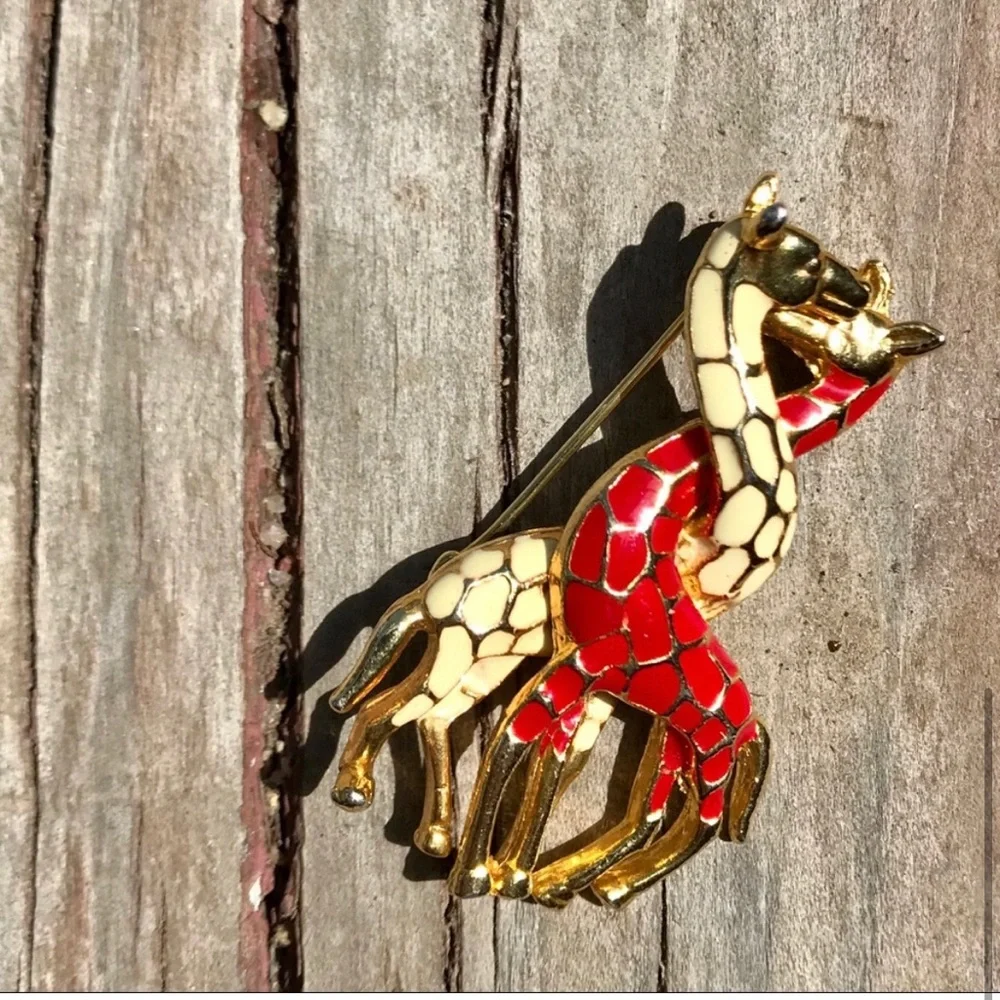 Vintage Gold Toned Enamel Entwined Giraffes Pin Brooch Orange Yellow